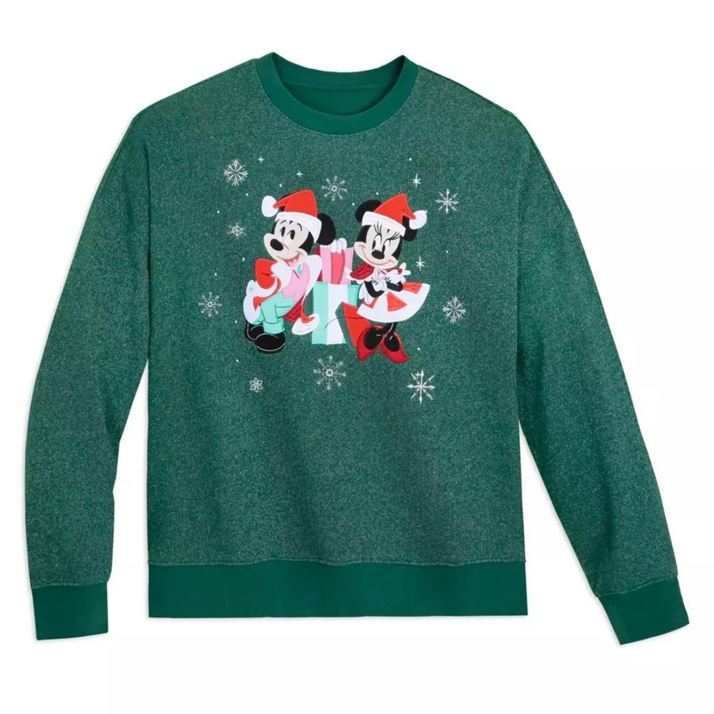 DISNEY SANTA MICKEY MINNIE MOUSE HOLIDAY CHRISTMAS GREEN SWEATSHIRT EMBROIDERED